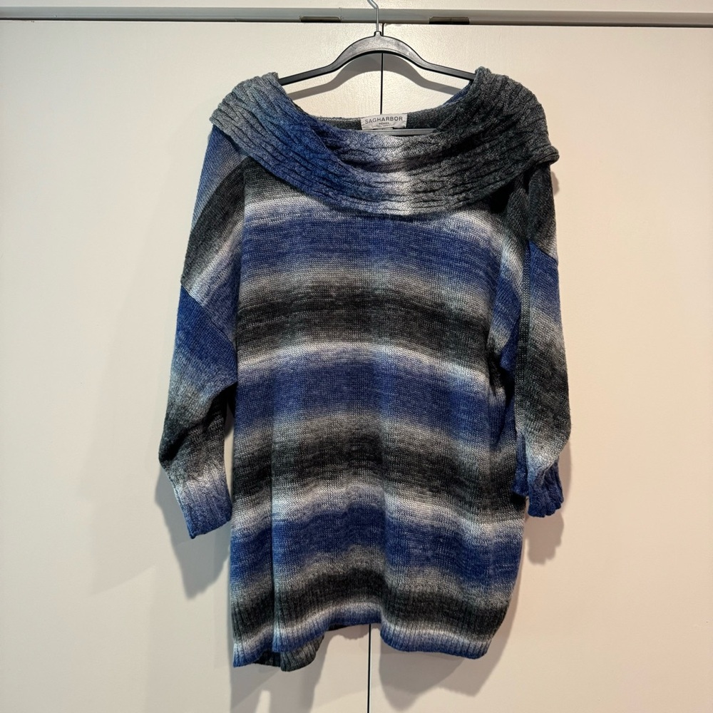 5/25 Women’s Plus Size Off the Shoulder, Cowled, Sweater in Purple and Black.